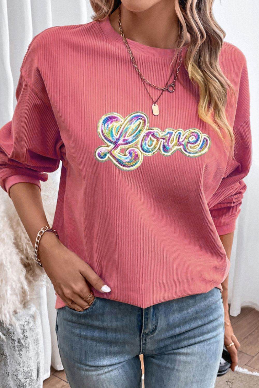 Valentine's Day LOVE Round Neck Long Sleeve Sweatshirt for a perfect OOTD – dress to impress outfits from Amexza