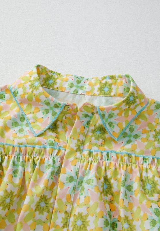 Frill Printed Collared Neck Long Sleeve Blouse - Amexza