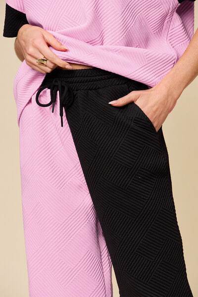 Double Take Full Size Texture Contrast T-Shirt and Wide Leg Pants Set for a perfect OOTD – dress to impress outfits from Amexza