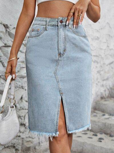 Raw Hem Slit Denim Skirt Light for a perfect OOTD – dress to impress outfits from Amexza