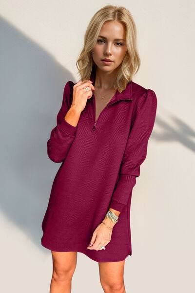 Double Take Textured Quarter Zip Long Sleeve Dress for a perfect OOTD – dress to impress outfits from Amexza