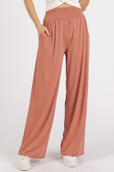 Mittoshop Stretch Banded Waist Wide Leg Pants with Pockets PEACH DK for a perfect OOTD – dress to impress outfits from Amexza