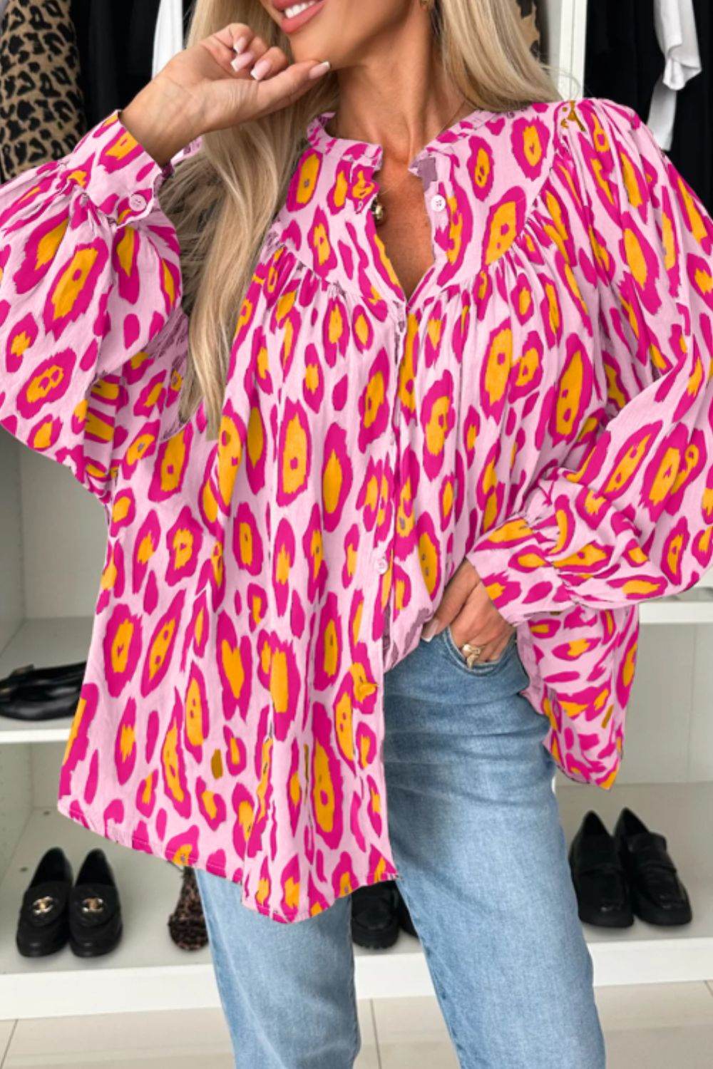 Leopard Print Button Down Long Sleeve Shirt Hot Pink for a perfect OOTD – dress to impress outfits from Amexza