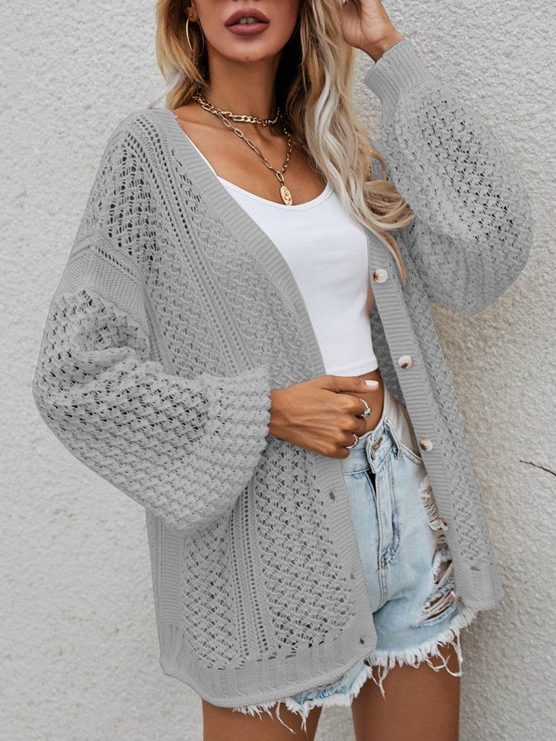 Openwork Button Front Cardigan for a perfect OOTD – dress to impress outfits from Amexza