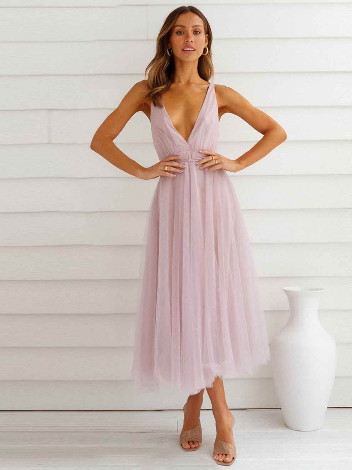 Backless Crisscross Sleeveless Midi Dress Blush Pink for a perfect OOTD – dress to impress outfits from Amexza