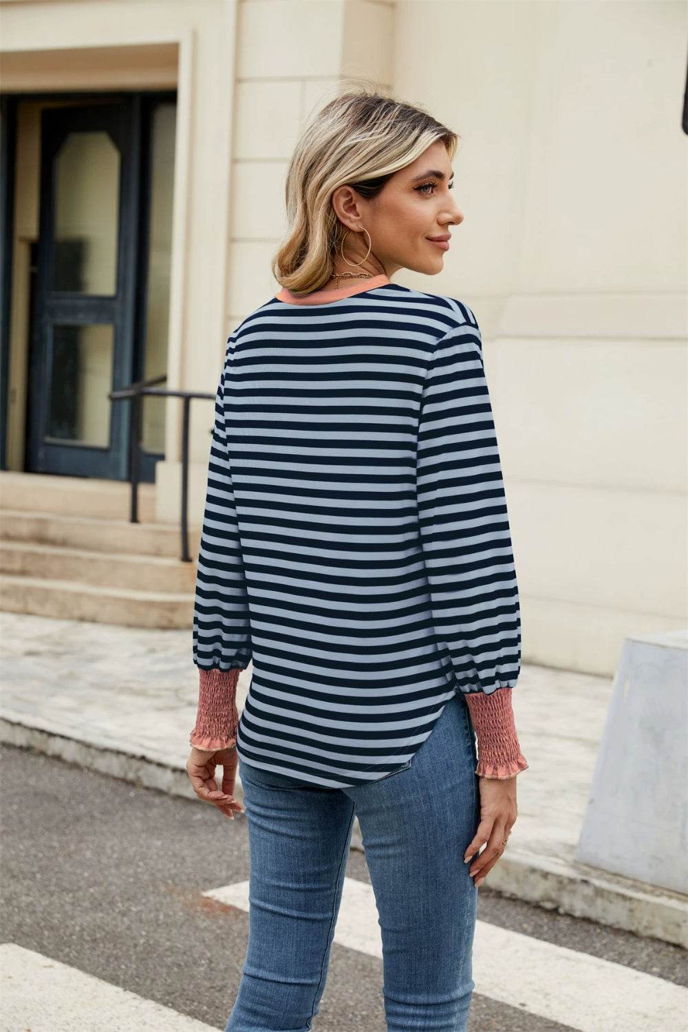 Contrast Striped Notched Long Sleeve Top for a perfect OOTD – dress to impress outfits from Amexza