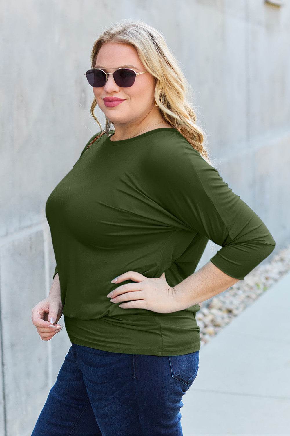 Basic Bae Full Size Round Neck Batwing Sleeve Top for a perfect OOTD – dress to impress outfits from Amexza