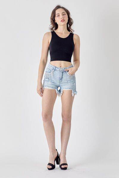 RISEN Frayed Hem Denim Shorts with Fringe Detail Pockets for a perfect OOTD – dress to impress outfits from Amexza