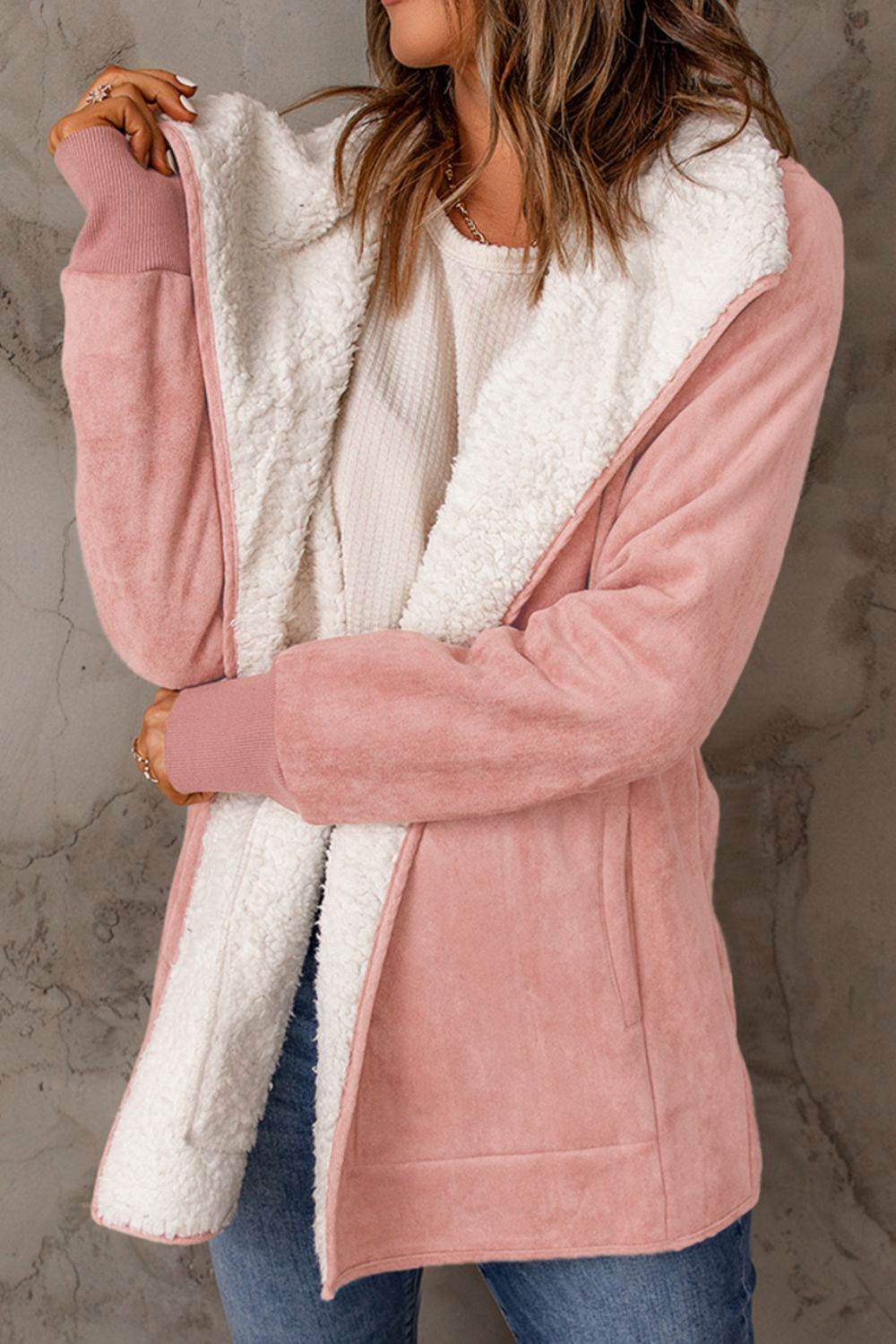 Open Front Long Sleeve Sherpa Jacket for a perfect OOTD – dress to impress outfits from Amexza