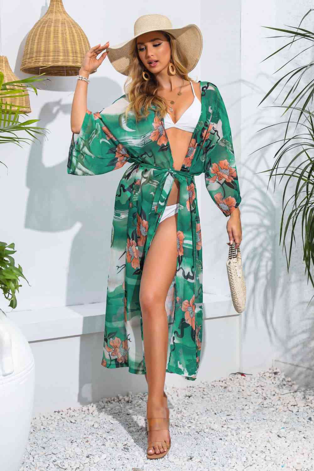 Floral Tie Waist Duster Cover Up Dark Green One Size for a perfect OOTD – dress to impress outfits from Amexza