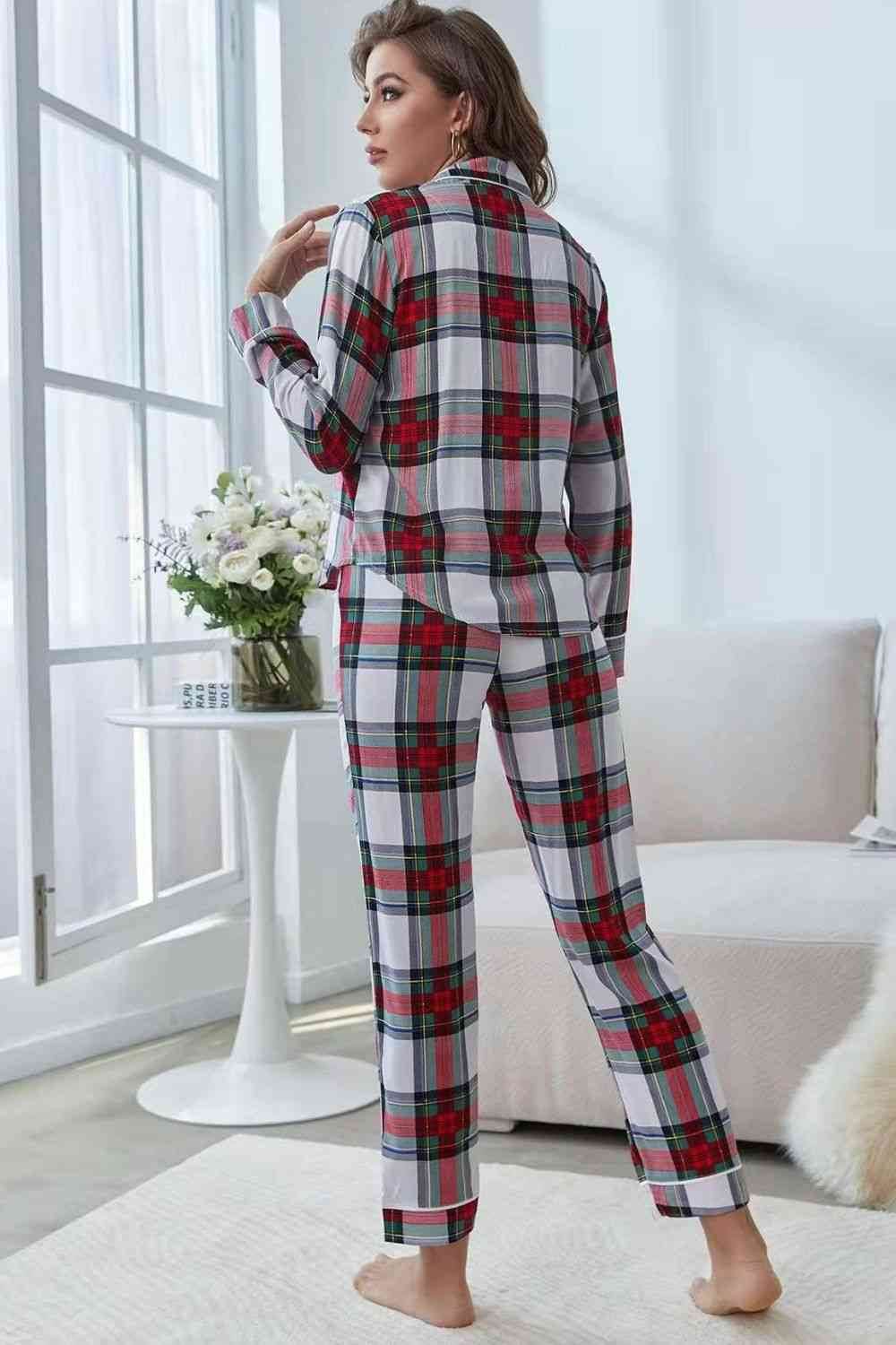 Plaid Button Front Top and Pants Lounge Set - Amexza