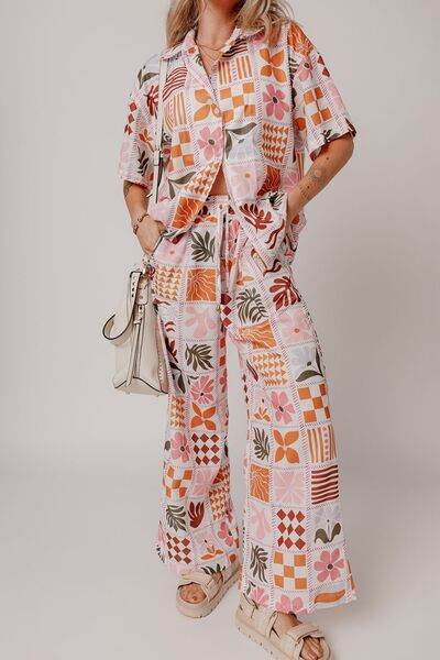 Printed Collared Neck Shirt and Wide Leg Pants Set for a perfect OOTD – dress to impress outfits from Amexza