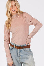 SAGE + FIG Glitter Mock Neck Lettuce Hem Long Sleeve Top - Amexza