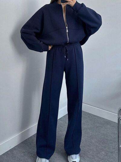 Baseball Collar Zip Up Top and Drawstring Paants Set for a perfect OOTD – dress to impress outfits from Amexza