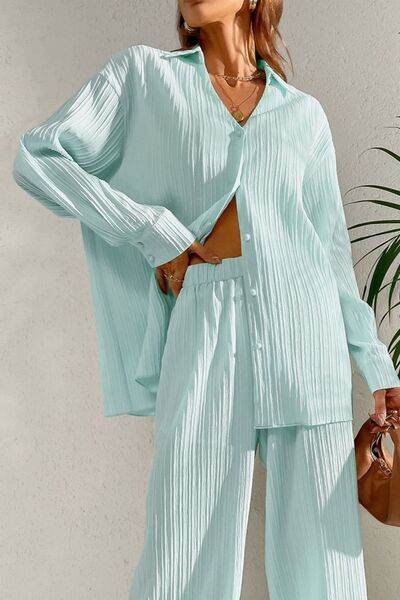 Johnny Collar Button Down Top and Pants Set - Amexza