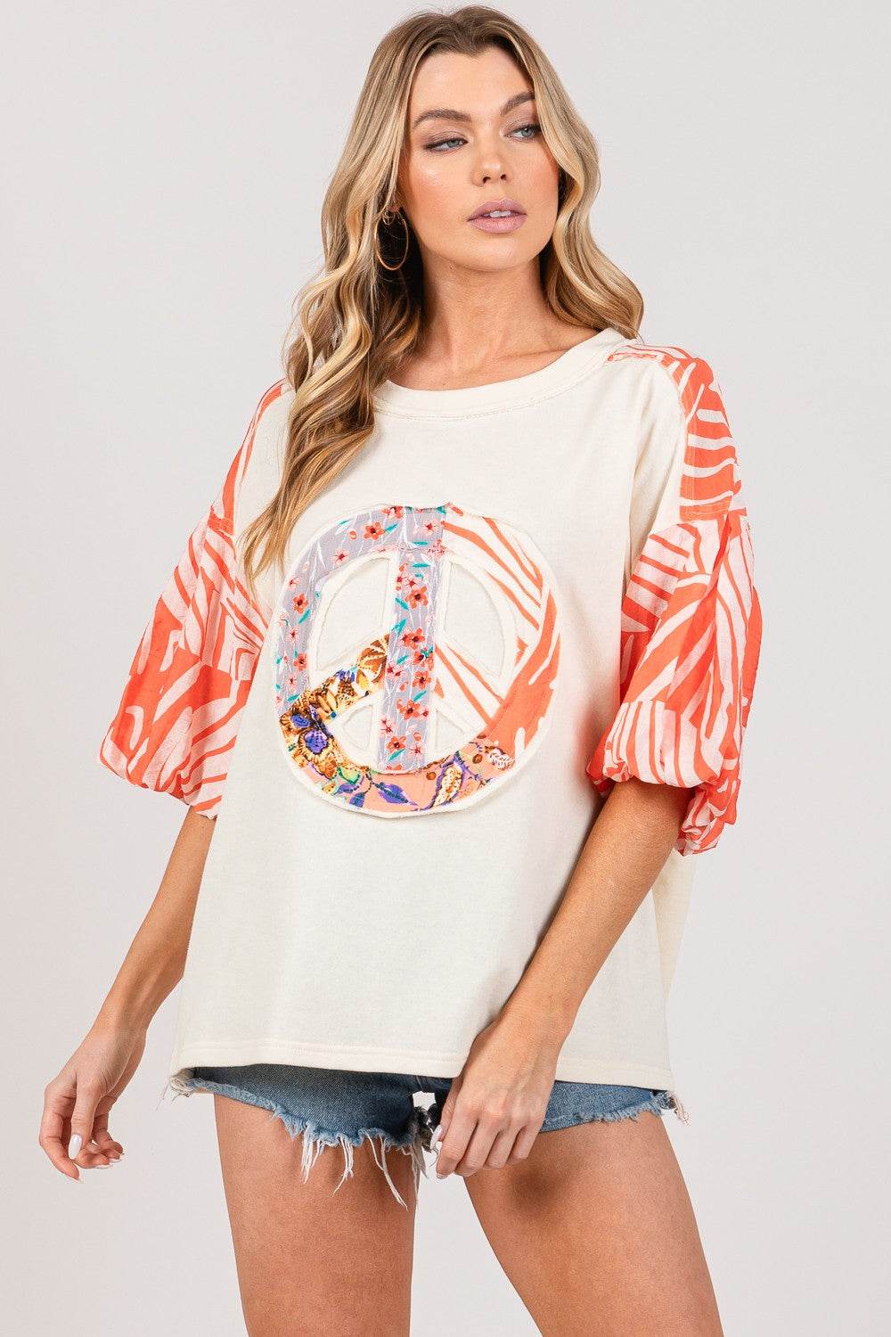 SAGE + FIG Peace Applique Patch with Zebra Print Contrast Top Tangerine for a perfect OOTD – dress to impress outfits from Amexza