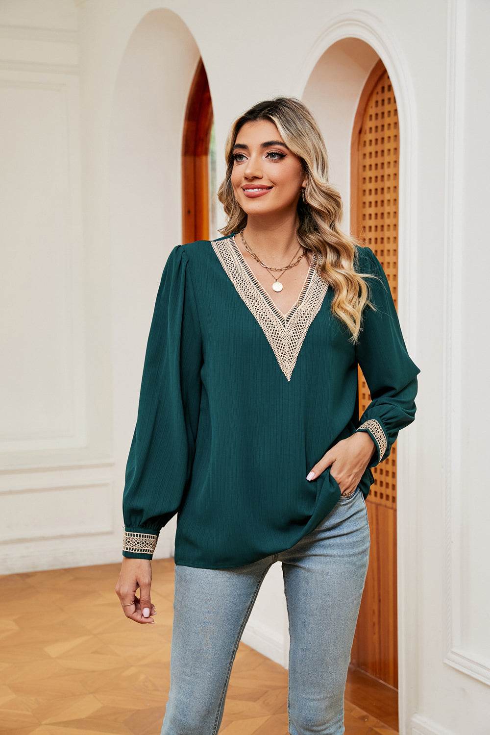 Contrast Puff Sleeve Blouse Green for a perfect OOTD – dress to impress outfits from Amexza