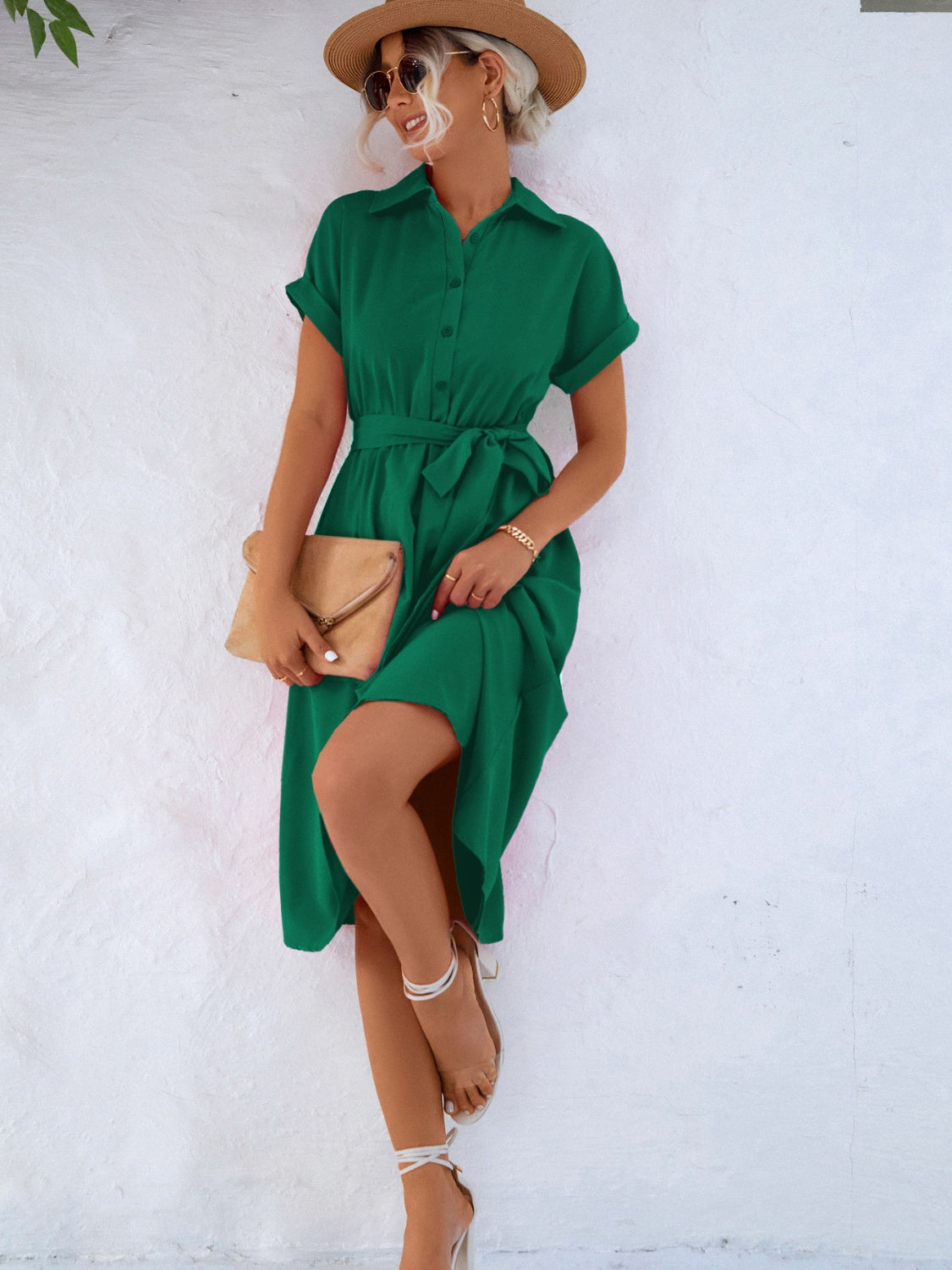 Buttoned Tie Waist Short Sleeve Dress - Green / S