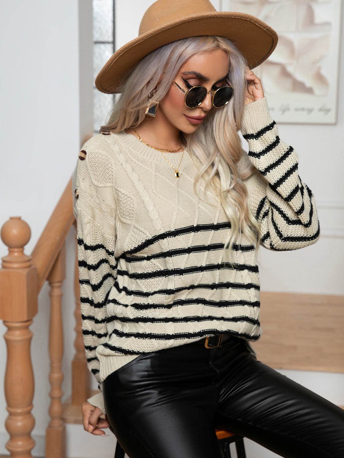 Striped Round Neck Cable-Knit Sweater for a perfect OOTD – dress to impress outfits from Amexza