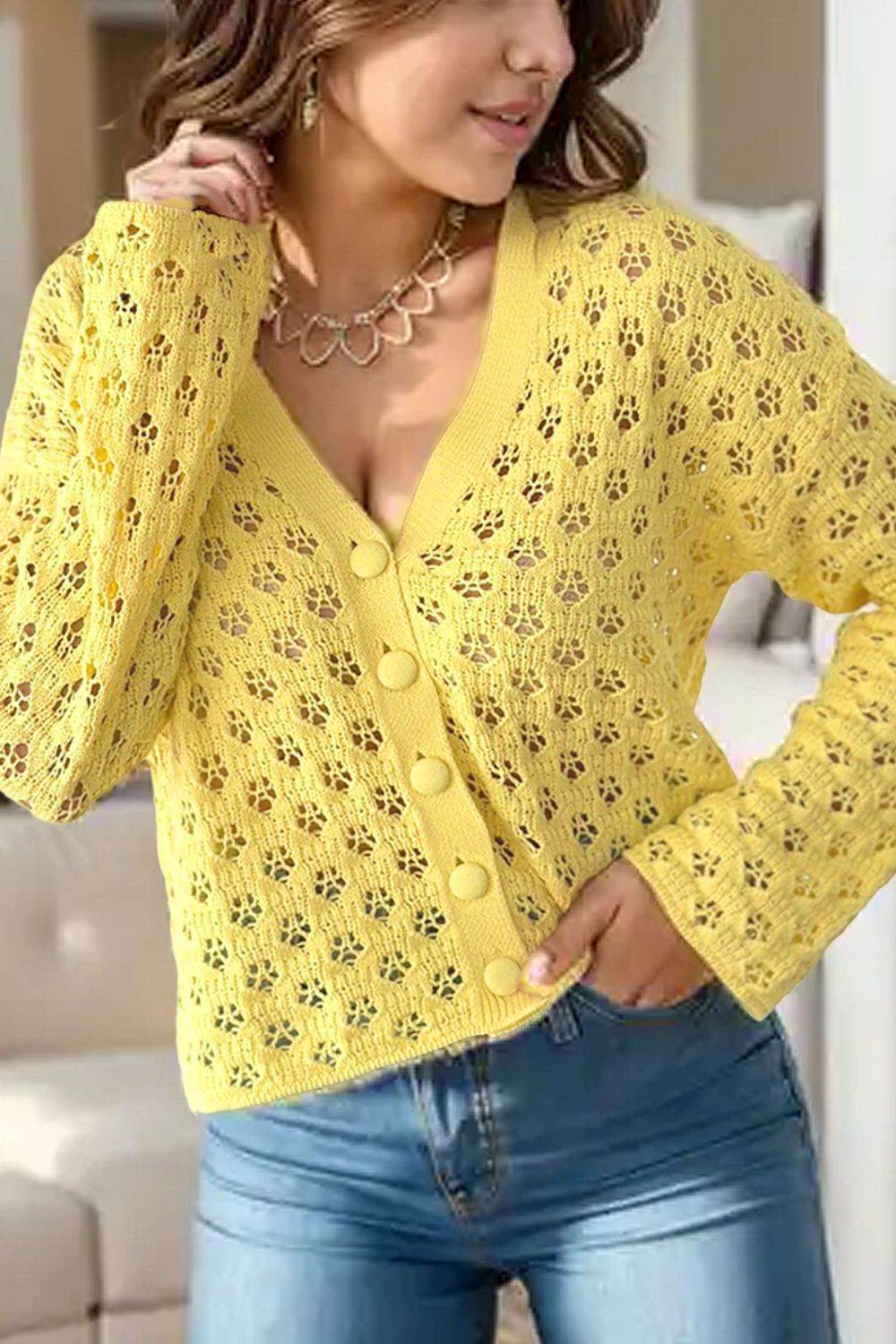 Openwork V-Neck Long Sleeve Cardigan Yellow for a perfect OOTD – dress to impress outfits from Amexza