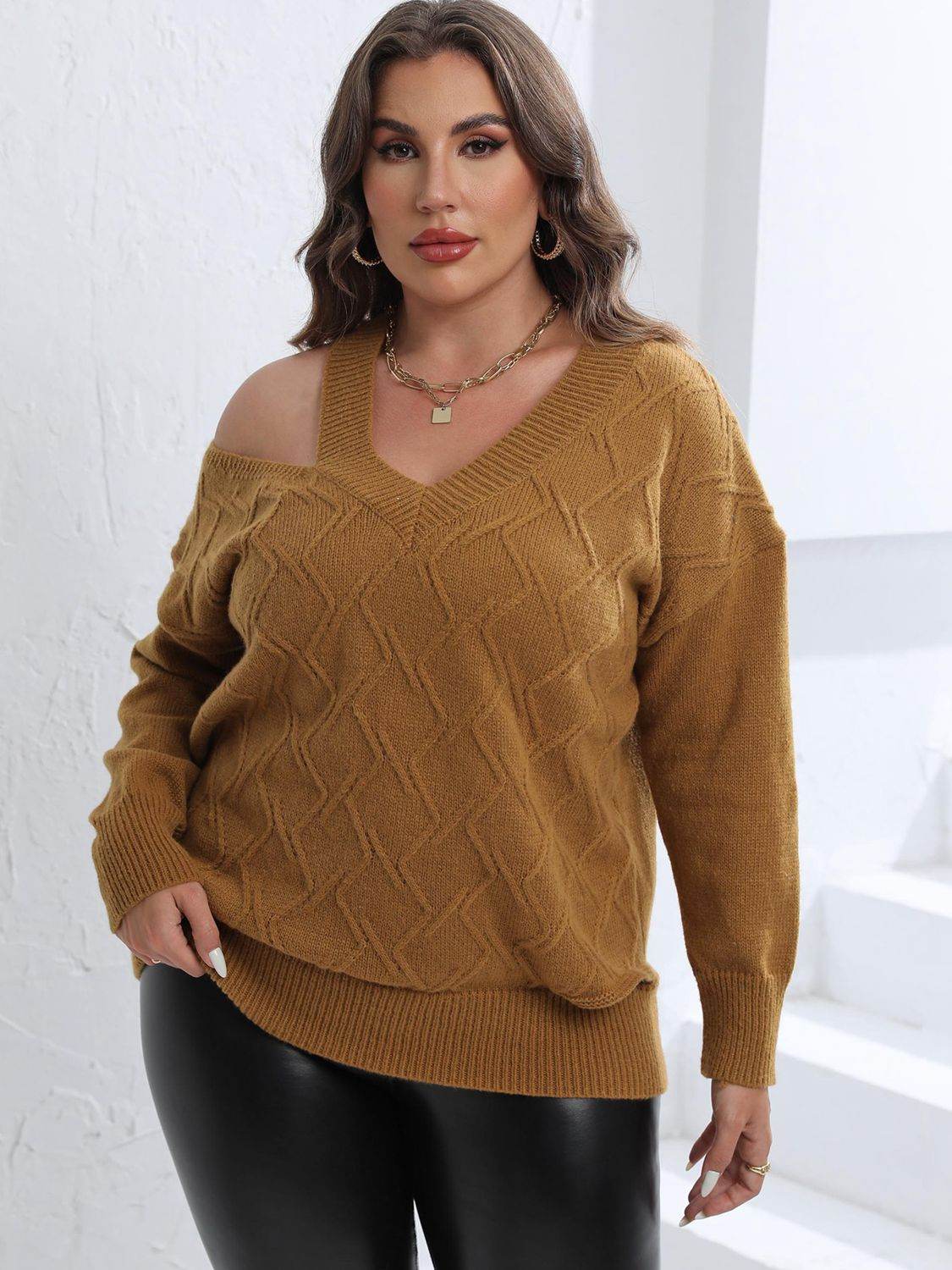 Plus Size Cutout V-Neck Sweater Caramel for a perfect OOTD – dress to impress outfits from Amexza