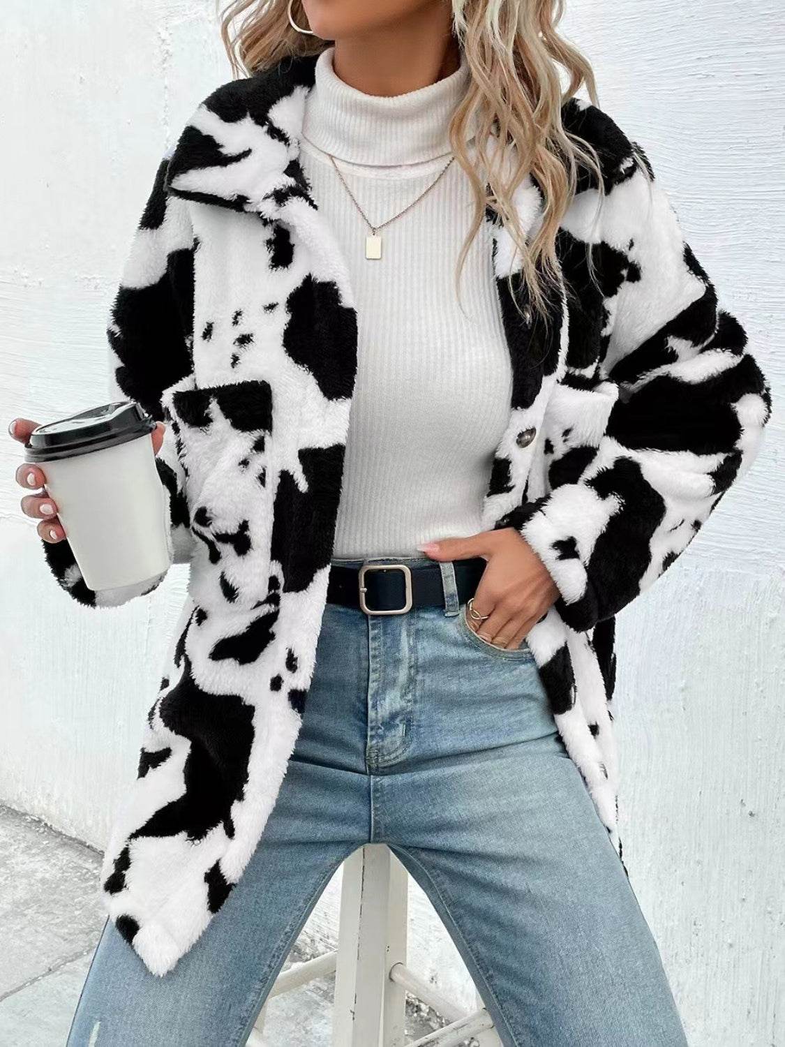 Cow Print Collared Neck Button Up Fuzzy Jacket for a perfect OOTD – dress to impress outfits from Amexza