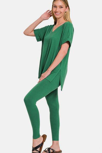 Zenana Full Size V-Neck Rolled Short Sleeve T-Shirt and Leggings Lounge Set - Amexza