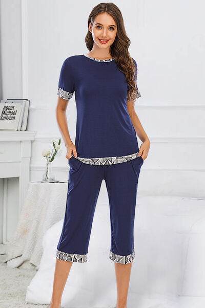 Round Neck Short Sleeve Top and Capris Pants Lounge Set Dark Blue for a perfect OOTD – dress to impress outfits from Amexza