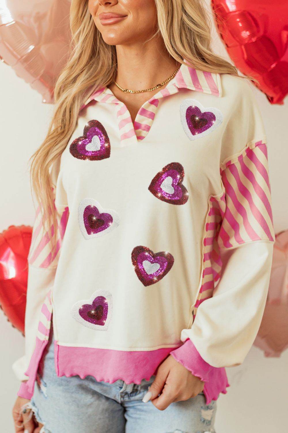 Valentine’s Day Sequin Heart Pattern Long Sleeve Sweatshirt for a perfect OOTD – dress to impress outfits from Amexza