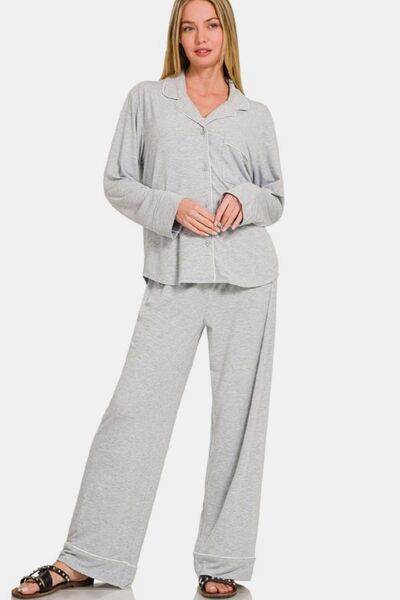 Zenana Button Down Long Sleeve Top and Pants Lounge Set Light Gray for a perfect OOTD – dress to impress outfits from Amexza