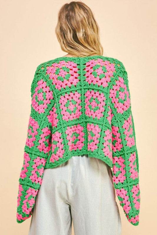 Davi & Dani Full Size Two Tone Flower Square Crochet Open Front Cardigan - Amexza