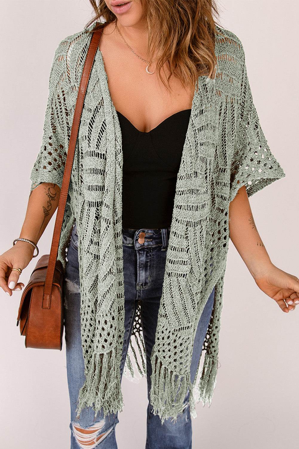 Openwork Open Front Cardigan with Fringes for a perfect OOTD – dress to impress outfits from Amexza