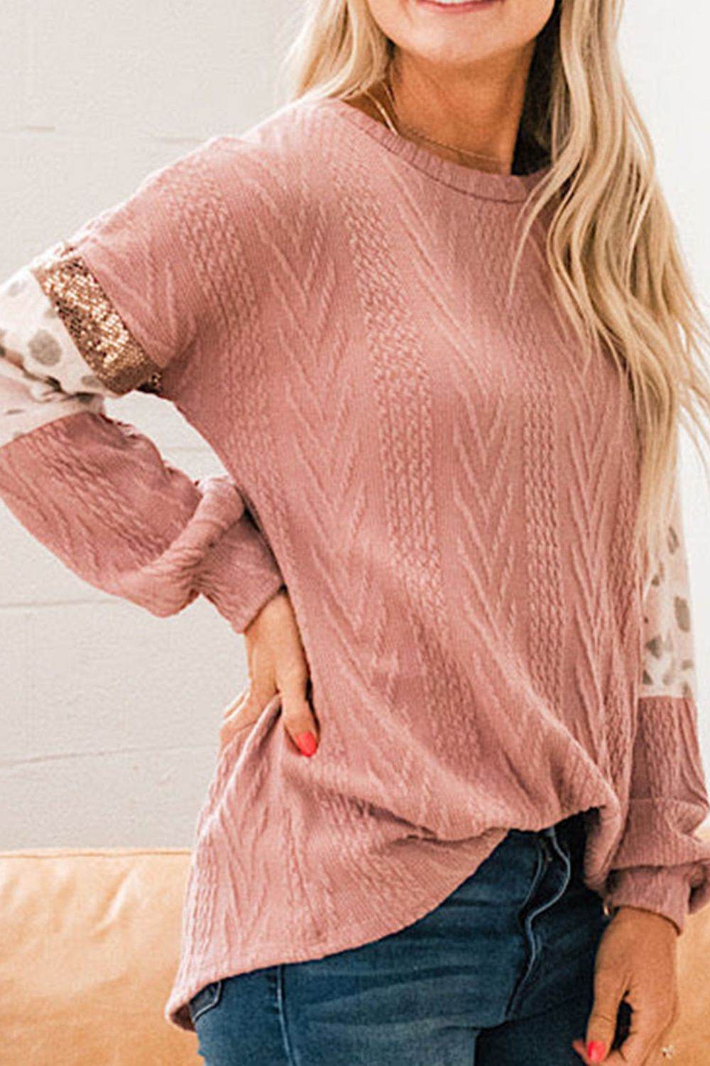 Sequin Leopard Round Neck Long Sleeve Sweater for a perfect OOTD – dress to impress outfits from Amexza