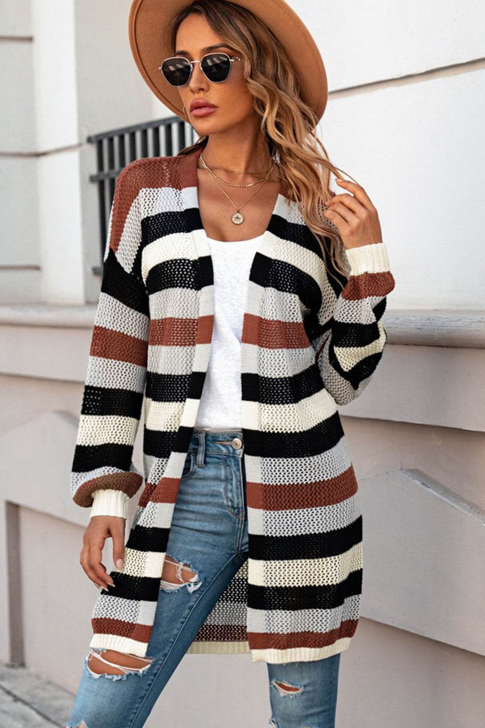 Full Size Striped Long Sleeve Openwork Cardigan for a perfect OOTD – dress to impress outfits from Amexza