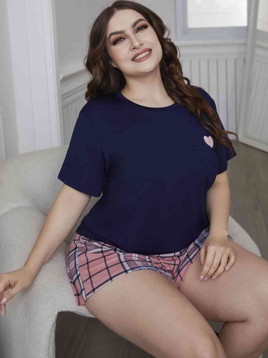 Plus Size Heart Graphic Top and Plaid Shorts Loungewear Set for a perfect OOTD – dress to impress outfits from Amexza