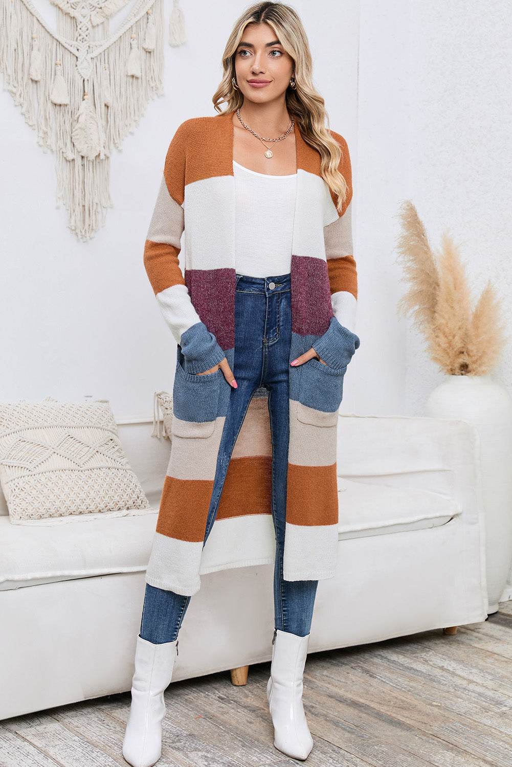 Long Color Block Open Front Pocketed Cardigan for a perfect OOTD – dress to impress outfits from Amexza