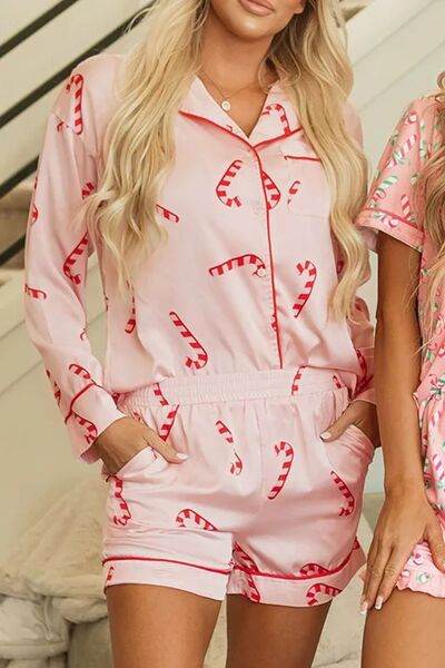 Candy Cane Collared Neck Long Sleeve Top and Shorts Lounge Set for a perfect OOTD – dress to impress outfits from Amexza