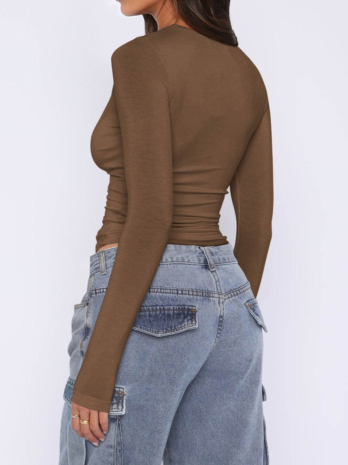 Ruched Asymmetrical Neck Long Sleeve T-Shirt - Amexza