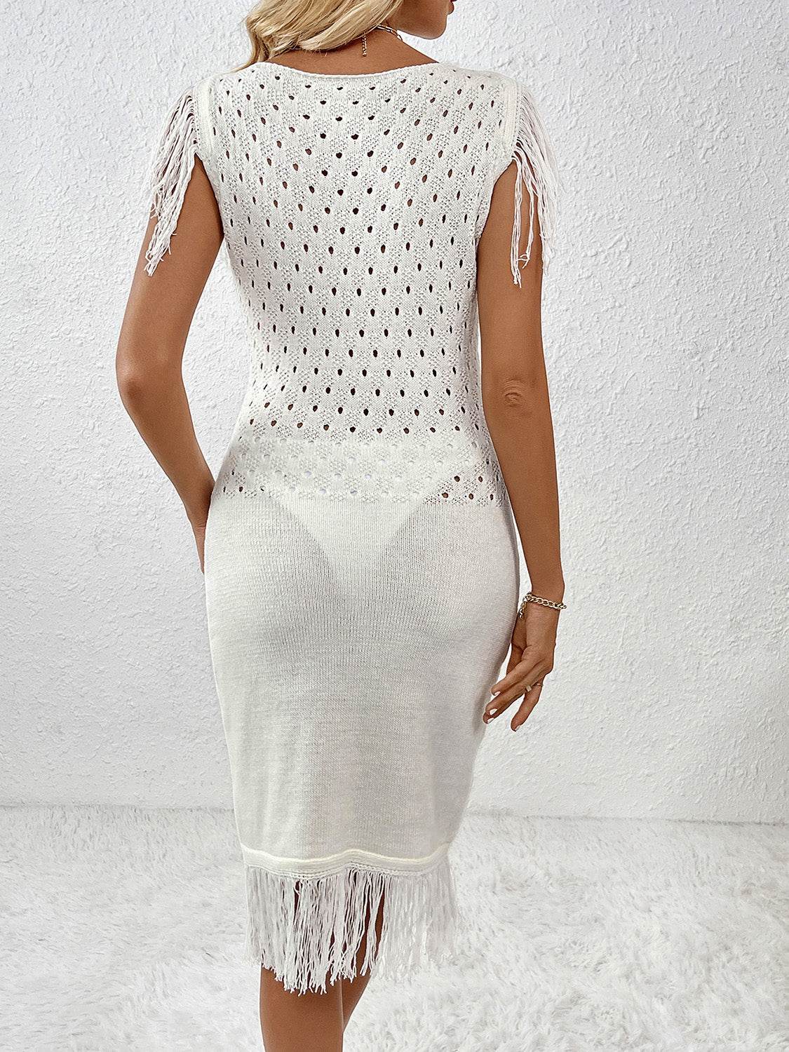 Fringe Openwork Boat Neck Knit Dress for a perfect OOTD – dress to impress outfits from Amexza