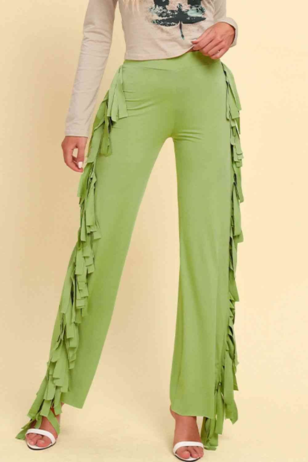 Fringe Trim Wide Leg Pants Yellow-Green for a perfect OOTD – dress to impress outfits from Amexza