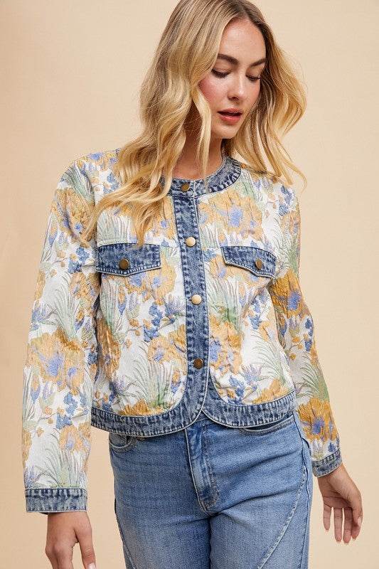 Annie Wear Floral Jacquard Denim Contrast Button Down Jacket for a perfect OOTD – dress to impress outfits from Amexza