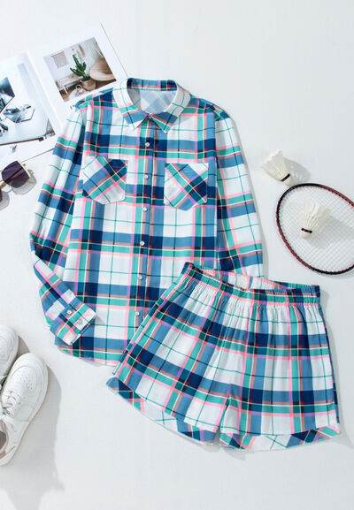 Plaid Button Down Long Sleeve Shirt and Shorts Lounge Set - Amexza