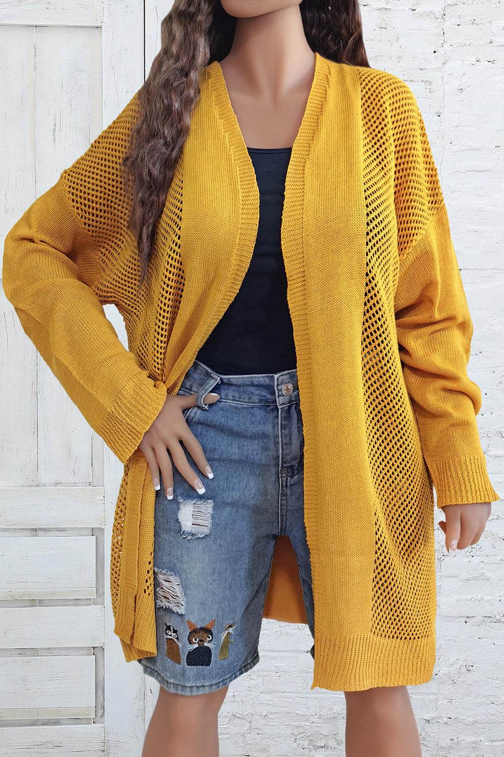 Plus Size Openwork Long Sleeve Open Front Cardigan True Yellow for a perfect OOTD – dress to impress outfits from Amexza