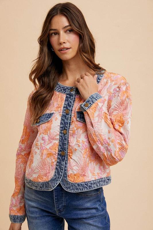 Annie Wear Floral Jacquard Denim Contrast Button Down Jacket Coral Combo for a perfect OOTD – dress to impress outfits from Amexza