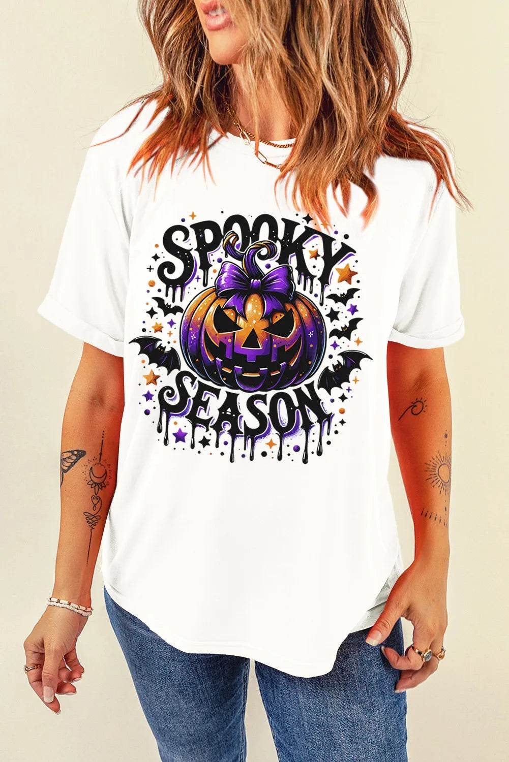 Full Size Jack-O'-Lantern Graphic Round Neck Short Sleeve T-Shirt White for a perfect OOTD – dress to impress outfits from Amexza