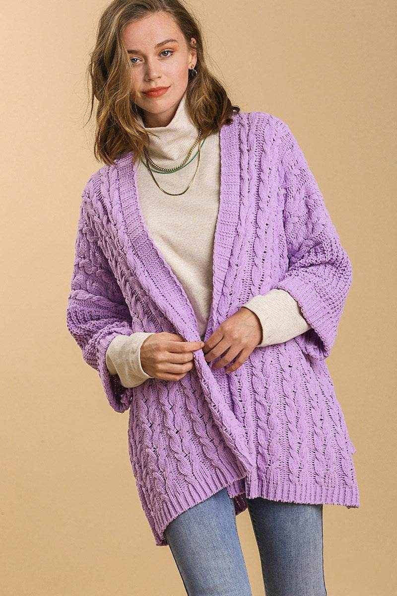 Umgee Full Size Cable Knit Open Front Long Sleeve Cardigan - Amexza