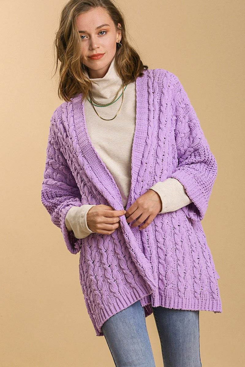 Umgee Full Size Cable Knit Open Front Long Sleeve Cardigan Lilac for a perfect OOTD – dress to impress outfits from Amexza