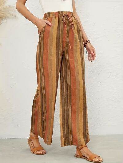 Full Size Drawstring Striped Wide Leg Pants Mustard for a perfect OOTD – dress to impress outfits from Amexza