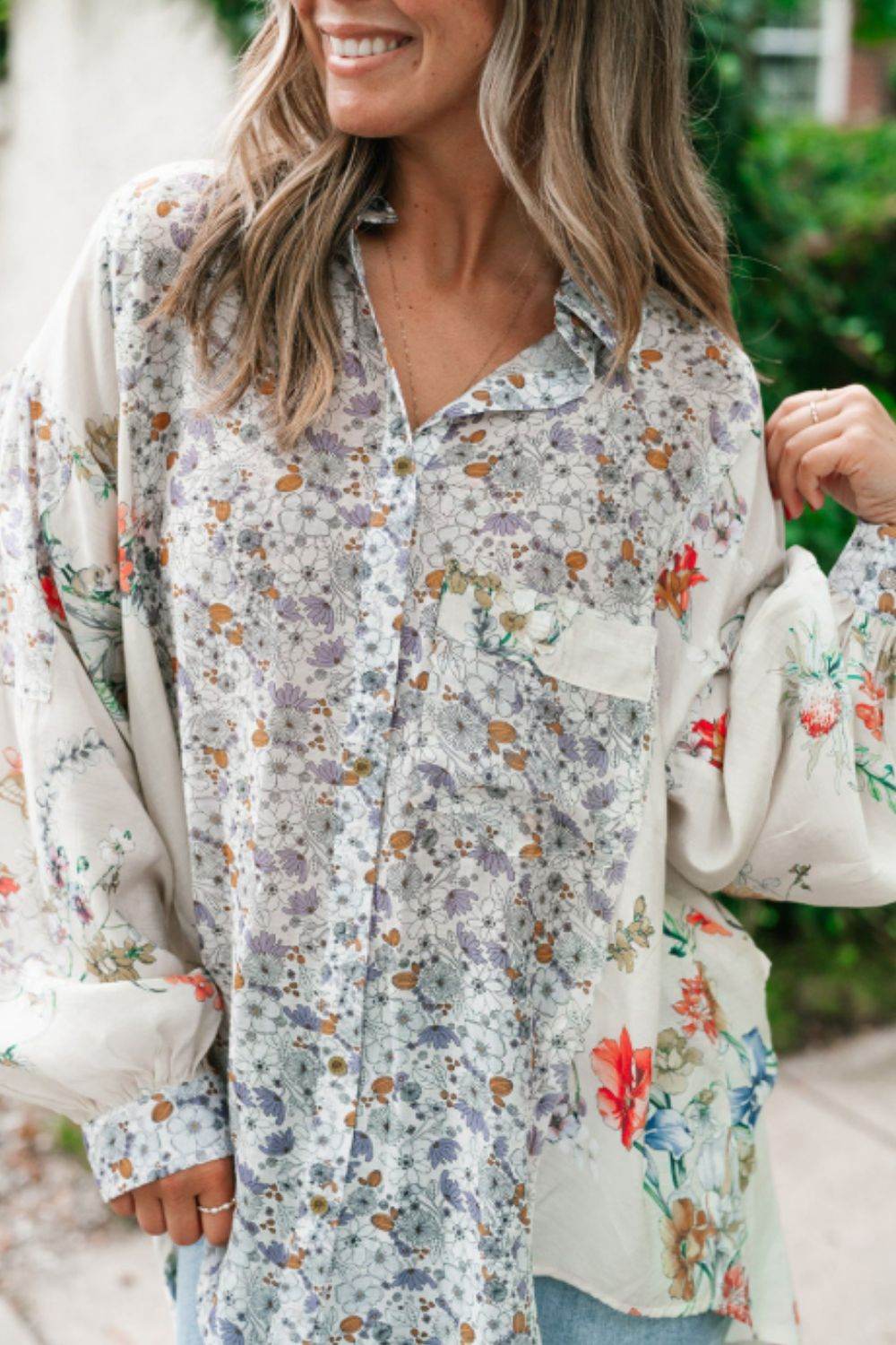 Floral Collared Neck Long Sleeve Shirt for a perfect OOTD – dress to impress outfits from Amexza