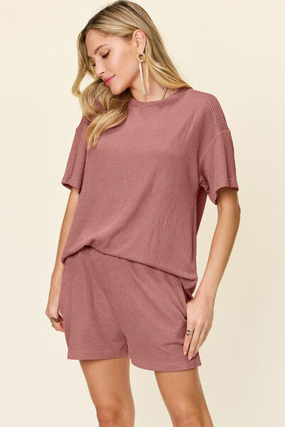 Double Take Full Size Round Neck Short Sleeve T-Shirt and Shorts Set for a perfect OOTD – dress to impress outfits from Amexza